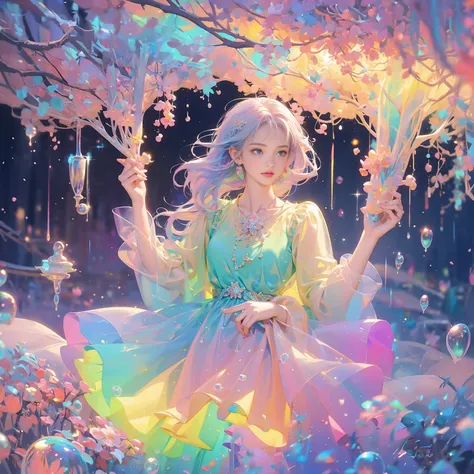 masterpiece, Highest quality, Intricate details, Excellent anatomy、beautiful girl, Sparkling eyes, Otherworldly liquid fantasy background, watercolor, Bright and vibrant colors, Whimsical, colorful, Layered tiered puffy long sleeve ball gown, ((Rainbow bub...