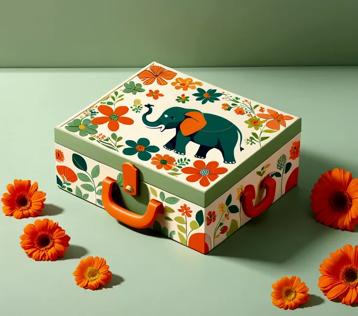 beautifully designed flat rectangular box with handle, with carrying handle, english squares, flourishing flowers, printing a cu...