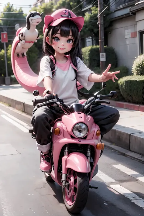 a cute girl riding a pink dinosaur vehicle