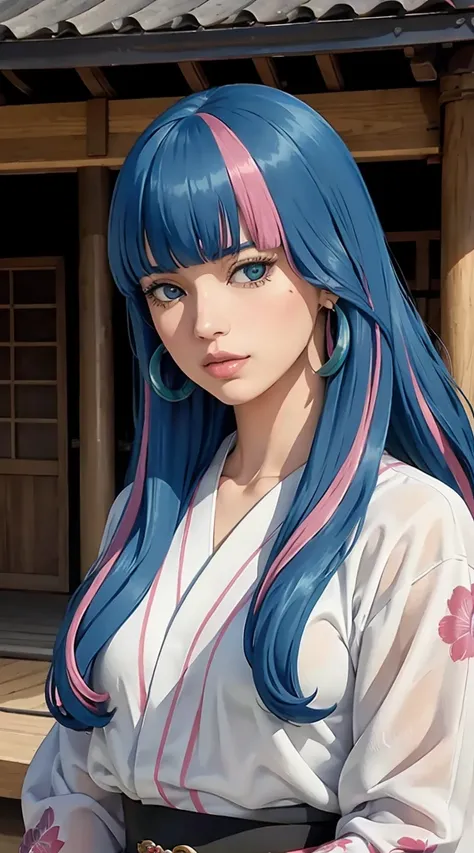 eida, long hair, bangs, blue eyes, very long hair, blue hair, pink hair, multicolored hair, earrings, blunt bangs, two-tone hair...