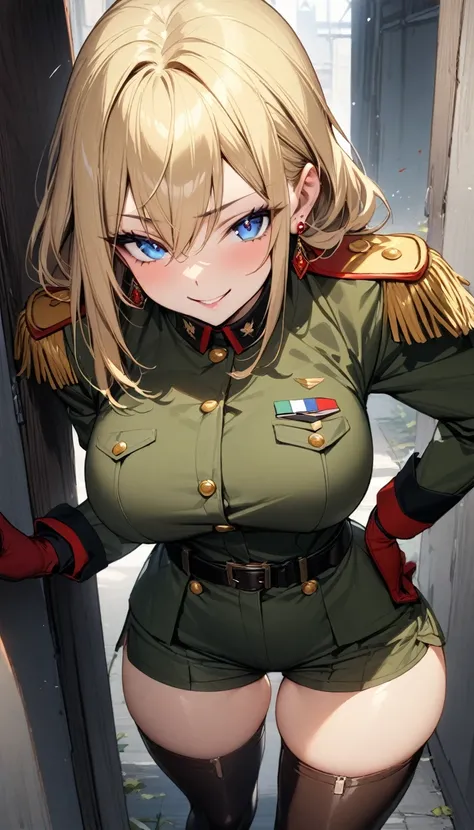 masterpiece, Highest quality, One girl, Are standing, alone, Big Breasts, Narrow waist, thick thighs black army uniform, Epaulettes, thigh boots, army uniform, army, uniform, belt, Shorts, boots, Earrings, jewelry, gloves, Knee socks, long, straight blonde...