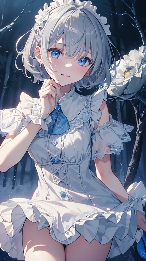 Idol、masterpiece、best quality、Beautiful facial expressions、absurd、nffsw、(cowboy shot、White ruffled lace mini dress、white collar、white ruffle cuff、particle:1.5)、(flower、shining:1.4)、(laugh)、(short gray hair、blue eyes:1.7)、sharp focus、photoreal、high resoluti...