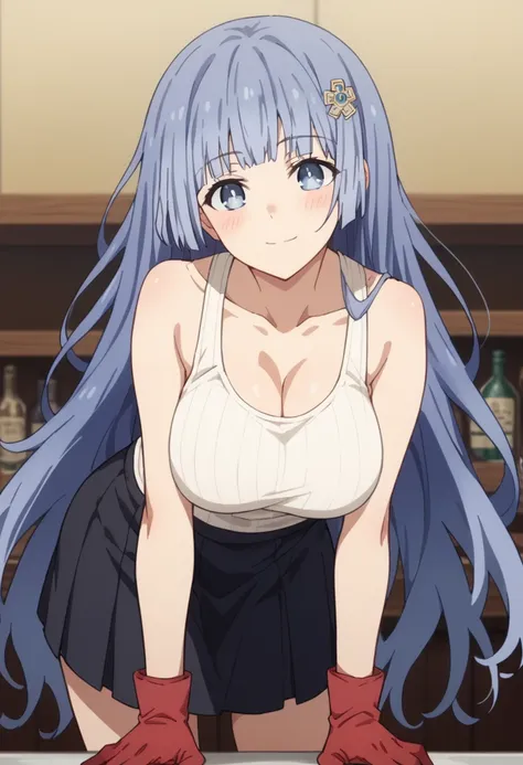 Score_9, Score_8_up, Score_7_up, anime_font, mikuizayoi, miku izayoi, bangs, blunt bangs, hime cut, hair ornament, long hair, blue eyes, blue hair, alone, looking at viewer, blushing, big breasts, looking at viewer, blush, seductive smile, white tank top, ...