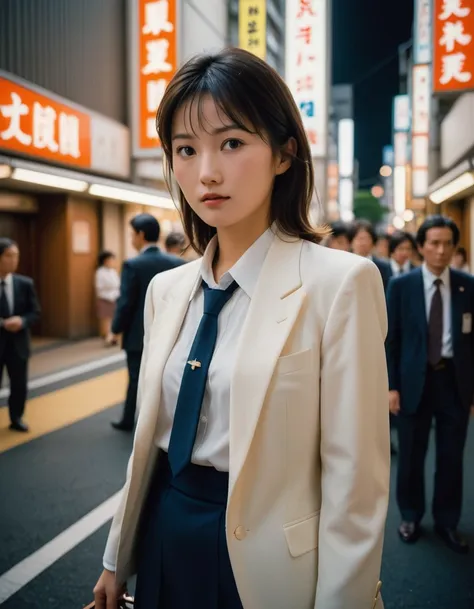 dynamic angle, (close up face), disposable camera photo, in 1980s tokyo, japanese office lady walks through a city lined with bu...