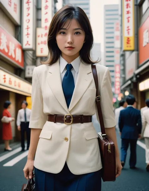 dynamic angle, (close up face), disposable camera photo, in 1980s tokyo, japanese office lady walks through a city lined with bu...