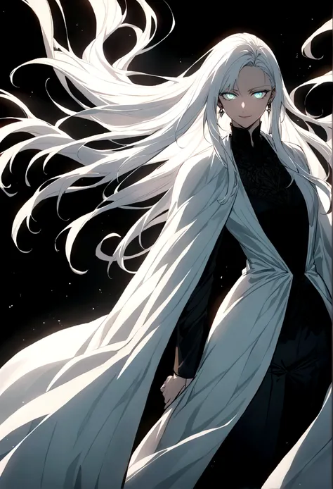 he is a character with an imposing presence and mysterious aura.. her white hair falls in thin, straight locks, like shining sil...