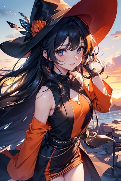 #Basics A girl is posing for a photo, animeのかわいい女の子, (((One Girl, Baby Face, Young girl, 16 years old))), 
BREAK 

#Clothing Accessories 
(Without Outfit:1.3 + (red on black)Sleeveless high neck top + ((Orange on black)Robe) + ((Orange on red)Witch hat) + ...