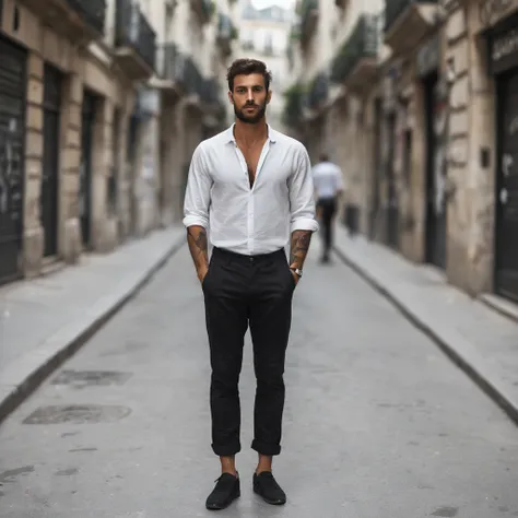 beau,masculin,israélien,Homme dans les rue de paris en style décontracté pantalon noir et chemise blanche légèrement ouverte