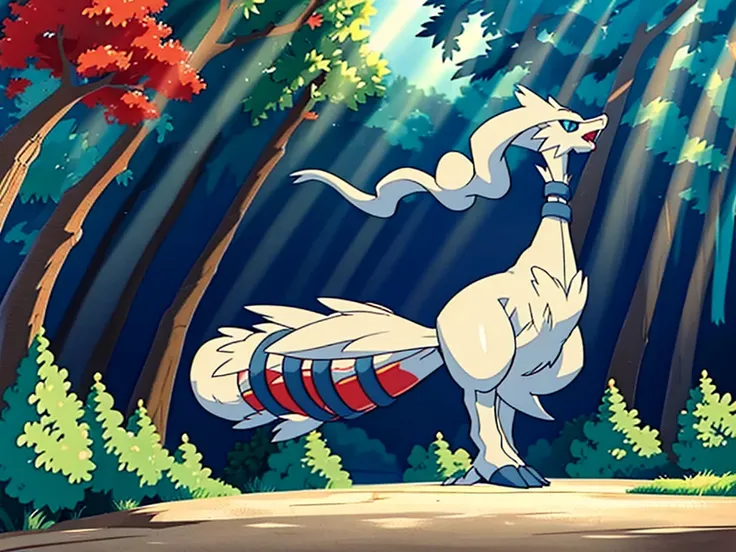 reshiram, anime, looking up, arms up, open mouth, tongue, full body, facing viewer, standing, sky, outdoors, forest, tree, bush