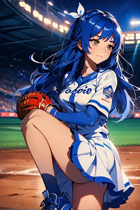 (masterpiece), (highest quality), (girl)、high school girl、in uniform、throw a ball。on the mound of a baseball stadium、night game