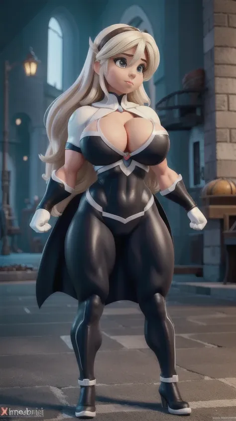 Busty cute italian girl (Joana Beltraz), enormous breasts volume, (muscle strong arms and abs and legs), tight superheroine black costume, white cape, city background