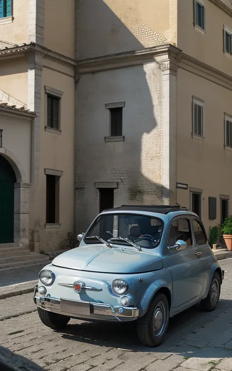 (yes sfw), (fiat500 in sassi_di_matera). a classical metallic chromated italian fiat 500 hurtles on the road. [8k, best quality,...