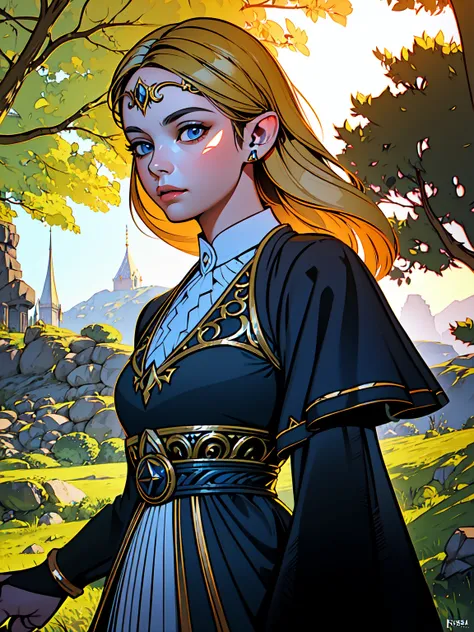 a beautiful detailed portrait of princess zelda, long blonde hair, intricate circlet crown, piercing blue eyes, delicate facial ...