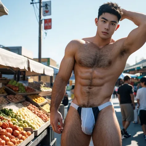 Street food display In the background, market, market display In the background, vegetable display In the background, very hairy armpits, hairy pubic, hairy crotch, hairy body, In the charming picture there is a handsome Chinese 17 years old boy with his b...