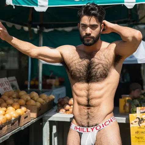 Street food display In the background, market, market display In the background, vegetable display In the background, very hairy armpits, hairy pubic, hairy crotch, hairy body, In the charming picture there is a handsome Chinese 17 years old boy with his b...