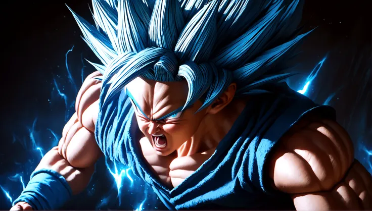 a highly detailed digital illustration of goku in super saiyan blue form, angry expression, muscular build, dynamic pose, glowin...