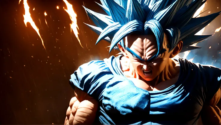 a highly detailed digital illustration of goku in super saiyan blue form, angry expression, muscular build, dynamic pose, glowin...