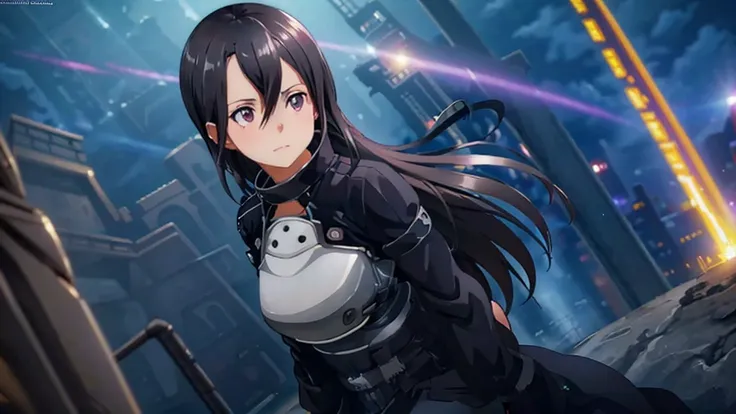 1 girl, cowboy shot, beautiful kirito_gmos, long hair, black hair, black eyes, on open air, kirito_suit, night,city , volumetric...