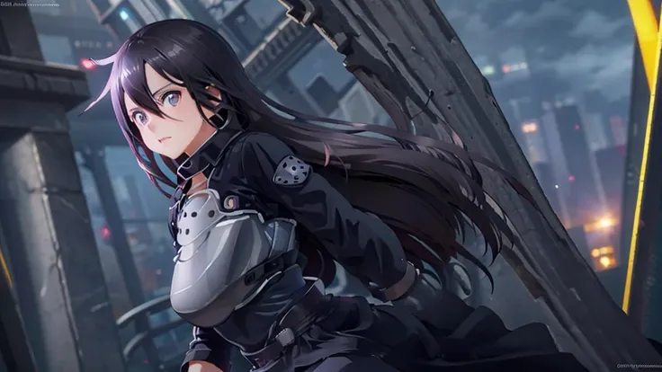 1 girl, cowboy shot, beautiful kirito_gmos, long hair, black hair, black eyes, on open air, kirito_suit, night,city , volumetric...