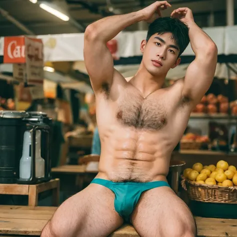 Fruit display In the background, market, market display In the background, vegetable display In the background, very hairy armpits, hairy pubic, hairy crotch, hairy body, In the charming picture there is a handsome Chinese 17 years old boy with his big bul...