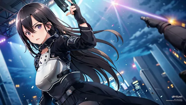 1 girl, cowboy shot, beautiful kirito_gmos, long hair, black hair, black eyes, on open air, kirito_suit, night,city , volumetric...