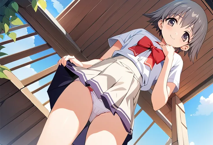 One girl,((Nozomi)),smile、Gentle expression、Welcome、The whole body is shown、blue sky、rooftop、uniform、skirt、panty shot,upskirt,Sexy pose、Cute Panties、from below,A complete depiction of the human body,masterpiece, Highest quality, Game CG, ultra detailed、hig...