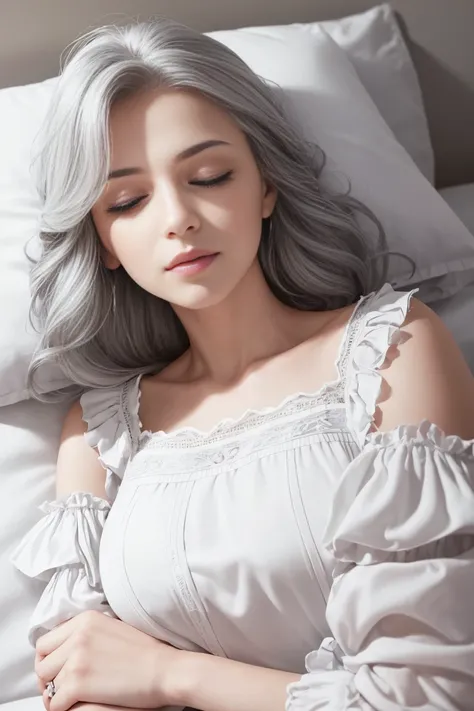  This is a photograph of a woman with gray hair, closed eyes, and lips partially open, lying on her side on a white bed with a white pillow, wearing a white blouse with ruffled sleeves.