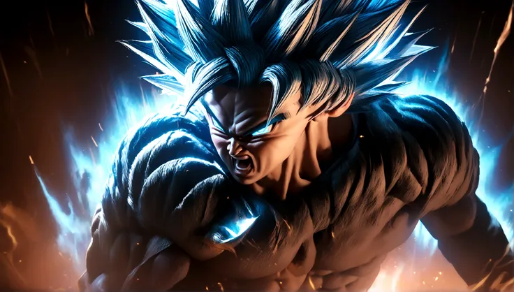 a highly detailed digital illustration of goku in super saiyan blue form, angry expression, muscular build, dynamic pose, glowing aura, dramatic lighting, cinematic composition, hyper realistic, 8k, photo-realistic, masterpiece, cinematic lighting