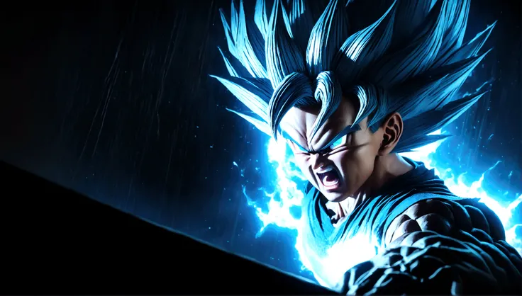 a highly detailed digital illustration of goku in super saiyan blue form, angry expression, muscular build, dynamic pose, glowin...