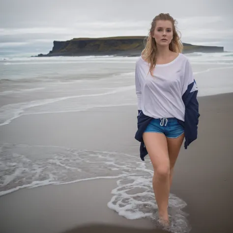 A beautiful picture of a typical icelandic 23 year old woman walking on the beach, high quality, 1 woman solo, attractive face, high resolution, saggy shirt and shorts, cold and wet icelandic weather, cinematic, the focus is more on the woman