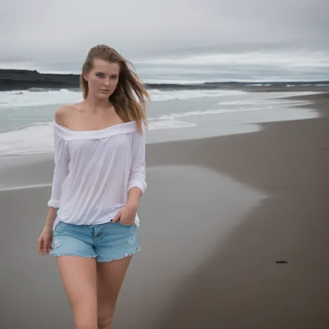 A beautiful picture of a typical icelandic 23 year old woman walking on the beach, high quality, 1 woman solo, attractive face, high resolution, saggy shirt and shorts, cold and wet icelandic weather, cinematic, the focus is more on the woman