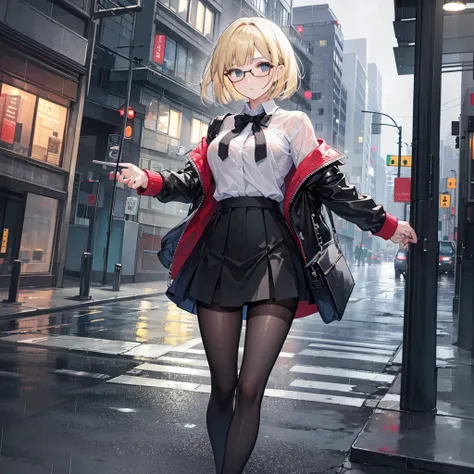 high quality，Short Bob，Glasses，Blonde，Rain-soaked shirt，I can see your underwear，Black mini skirt，Heel，black tights，In town