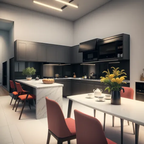 there is a kitchen with a table and chairs in it, highly photographic render, artistic render, excellent 3d render, archviz, exquisite detail, high quality 3 d render, high quality 3d render, award-winning render, rendered in enscape, precise architectural...