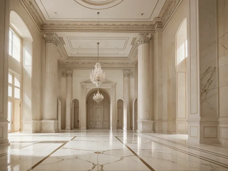 great hall with modern architectural design, brilliant design, white marble for the flooring, high marble columns, perfect exposure, nice lighting, canvas for baroque art on the walls, masterpiece , high luxurious celling, luxurious material, professional ...