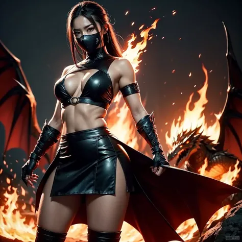 a beautiful woman with a generous body wearing a skirt dressed as a Mortal Kombat ninja with fire and dragons in the background, very realistic and cinematic 