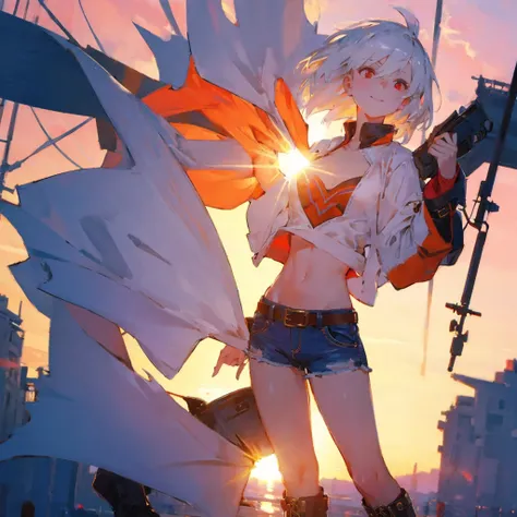 1girl, white hair, short hair, (red eyes), light smile, white top, (padded jacket), (bare belly), blue jeans, leather boots, (sunset), shibuya, beautiful lighting, masterpiece, best quality, low-angle shot, 8k.
