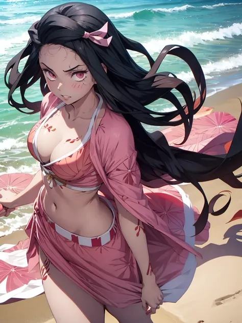 Nezuko, 1girl, wearing a sexy bikini, at a beach, 8k, high detailed, high quality
