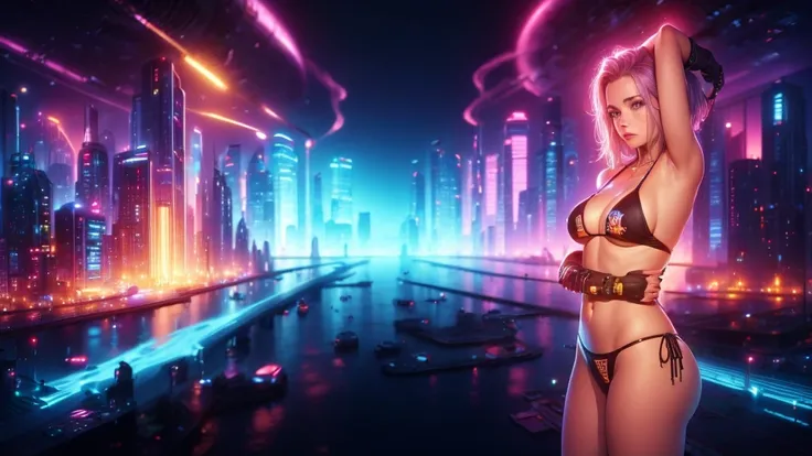 (((a medium-breast bikini slim GIRL))), a balcony of a futuristic building, aerial view of an ultra-futuristic megalopolis, many metal buildings and houses in dark colors from dark blue to black, a cidade tem tons de cinza metal, has smoky metal structures...