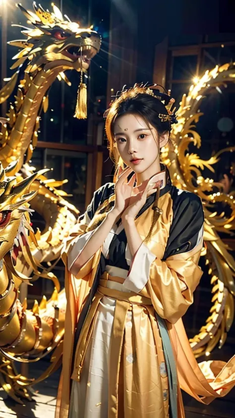 ((best quality)), ((masterpiece)), (detailed), Perfect face，Hanfu Beauty，Standing in front of a huge golden glowing dragon，Hands down，Looking at the camera，Ultra-detailed face and eyes，16k，Best quality，Bokeh，Soft Light，space，Crystal clear，Natural light，Clo...