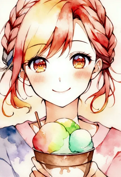 (watercolor painting, soft, vibrant, blended, hand-painted:1.2) MaryAmber, focus on eyes, close up on face, smiling, hair styled French braid hair, icecream Cup 🍨 