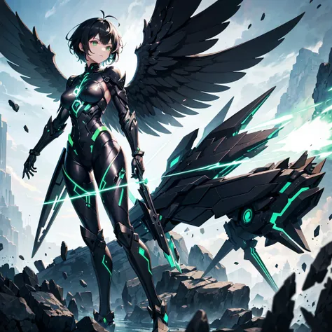 Black and green atomic machina girl, large gauntlets, short black hair, mechanical wings, fighting a bibicly accurate angel