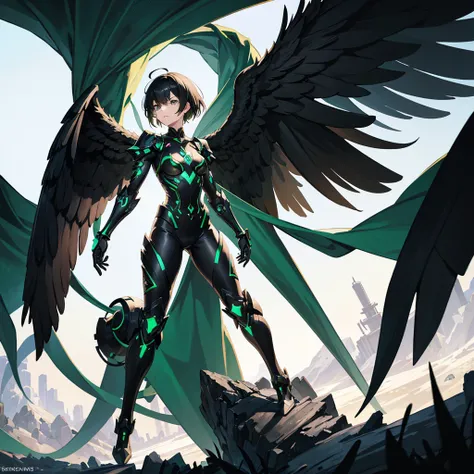 Black and green atomic machina girl, large gauntlets, short black hair, mechanical wings, fighting a bibicly accurate angel