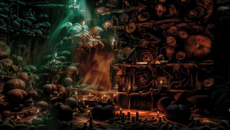 a fantasy library interior, intricate ornate bookshelves, ancient tomes, glowing magic orbs, candles, dramatic lighting, moody a...