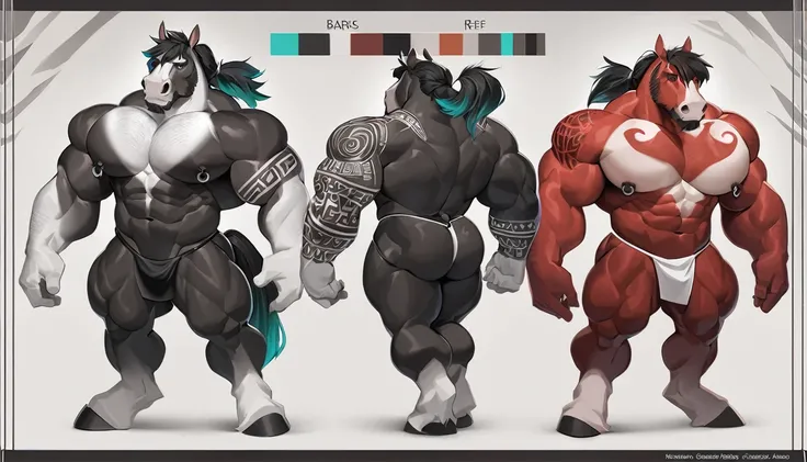 black and white colored bara horse, white accents, red skin, strong physique, tribal tattoos, black samurai hair with cyan highlight in ponytail,amber colored eyes, black sclera, character design, huge pecs, wearing thong, very muscular, perfect anatomy,ni...