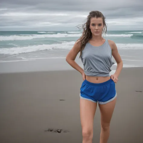 A beautiful picture of a typical icelandic 23 year old woman walking on the beach, attractive body, high quality, 1 woman solo, attractive face, high resolution, saggy shirt and shorts, cold and wet icelandic weather, cinematic, the focus is on the woman a...