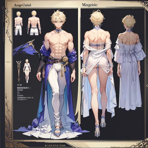 (Masterpiece, best quality), detailed, 1 man, ((character concept art)), ((character design sheet, same character, front, side, back)), full body, body complete, 1 Male angel, 1 Man angel, Detailed face, character design sheet，full bodyesbian, Highly detai...