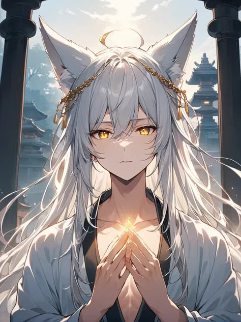 ((Best quality)), ((masterpiece)), (detailed), ((perfect face))、miyabi,a man, Long, flowing silver hair with delicate strands.
Sharp, piercing golden eyes. Fox ears on top of his head.
Serious and slightly mysterious.Pale and smooth.
Wears a robe that is s...