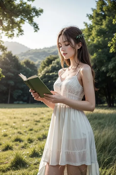 Generate an image of a beautiful young woman in a delicate white dress standing in a lush green field, reading a book. The dress should appear wet, as if she has just walked through a dew-covered meadow