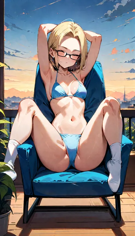 (masterpiece, best quality:1.2), full body, solo, Android 18 from Dragon Ball, ((string bikini, spread legs, legs up, beautiful butt)), small breasts, short blonde hair loose, ((close eyes)), (wearing glasses), earrings on earlobes, slender feminine figure...