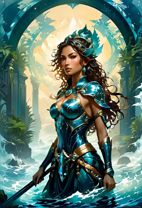 Atlantean warriors, Hedra, emerges as a luminary presence in the background. sci-fi fantasy, highly detailed, digital painting, artstation, concept art, smooth, sharp focus, illustration, art by artgerm and greg rutkowski and alphonse mucha